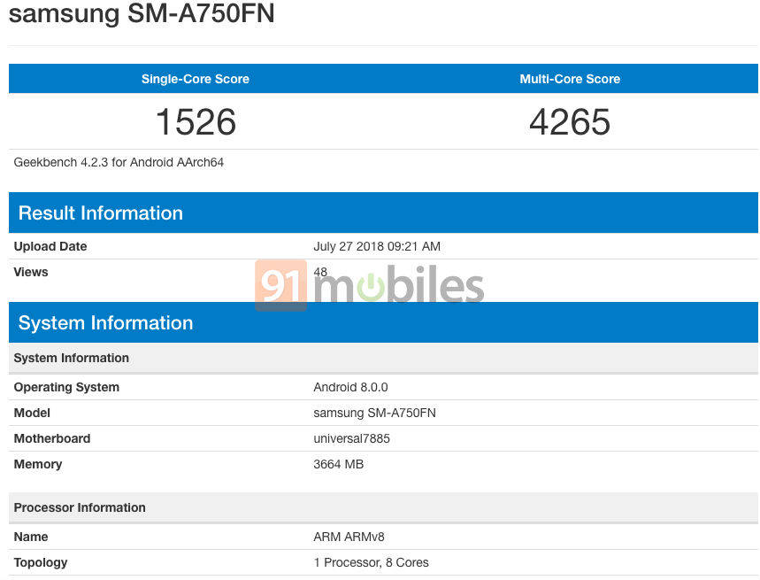 4जीबी रैम के साथ गीकबेंच पर लिस्ट हुआ सैमसंग गैलेक्सी ए7 2018