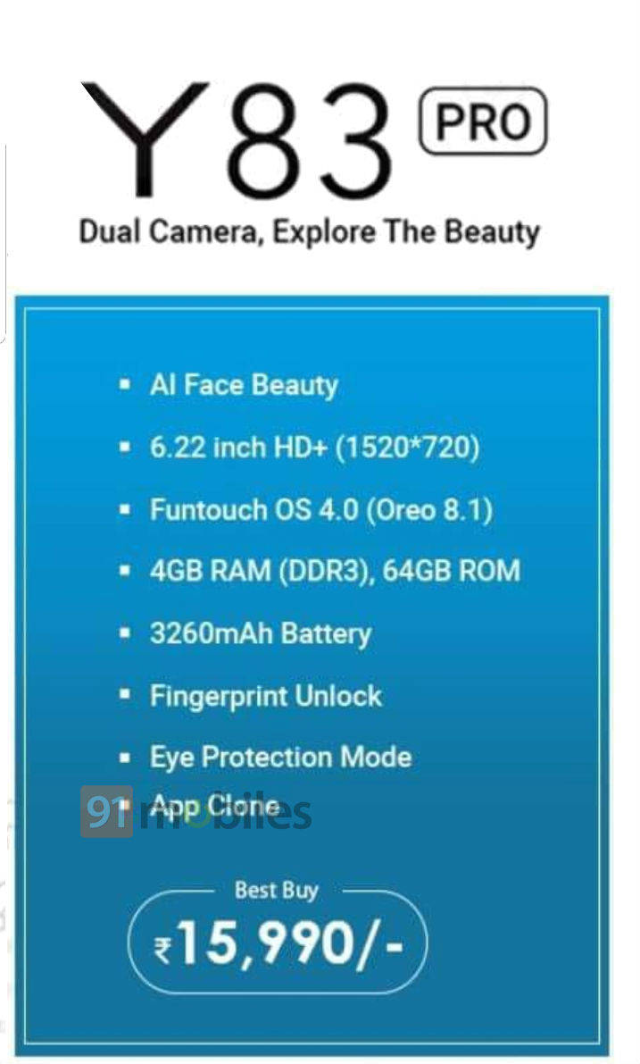 वीवो वाई83 प्रो इंडिया प्राइस स्पेसिफिकेशन और फीचर्स
