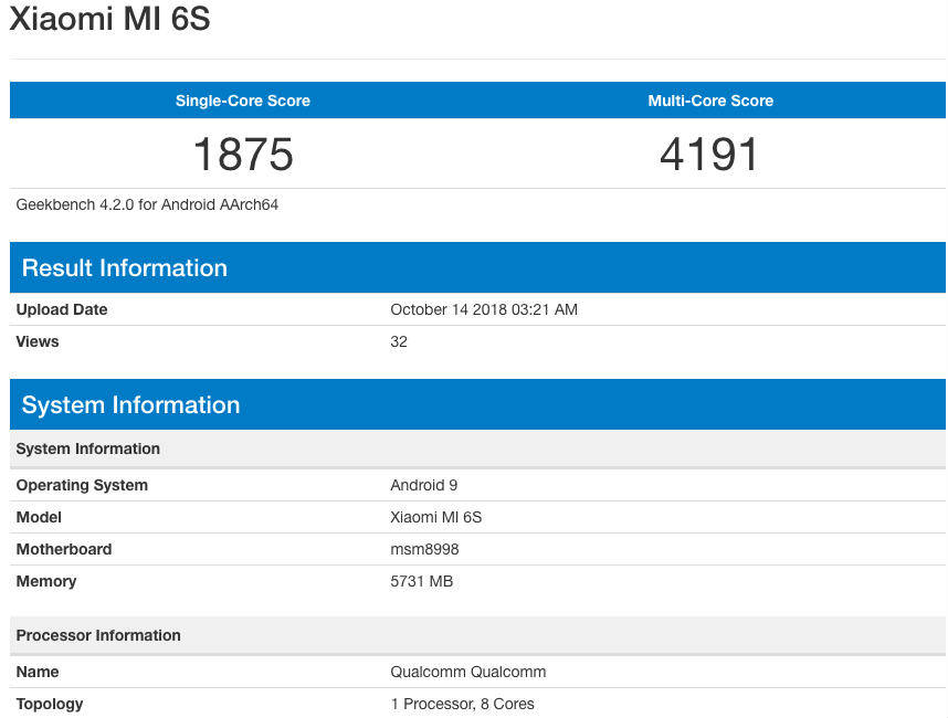 शाओमी मी 6एस गीकबेंच पर हुआ लिस्ट, सबसे लेटेस्ट एंडरॉयड और 6जीबी रैम पर चलता है यह फोन