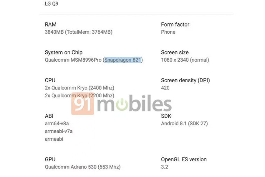 LG Q9 listed google-play-console-with snapdragon-821-specifications in hindi