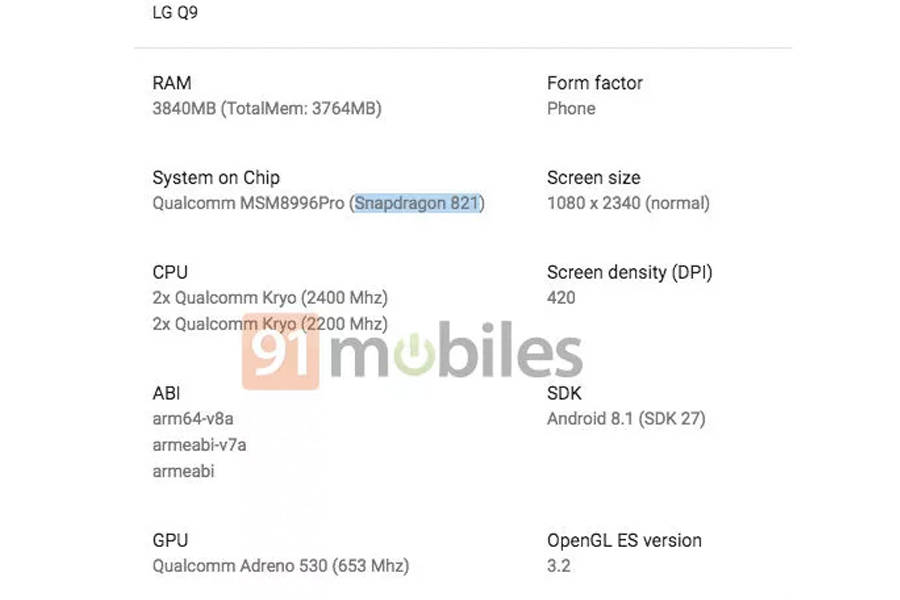 LG Q9 listed google-play-console-with snapdragon-821-specifications in hindi