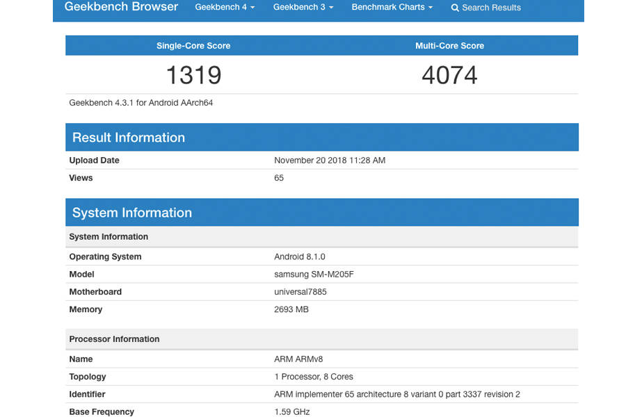 Samsung Galaxy M sm m205f codename smartphone listed geekbench in hindi