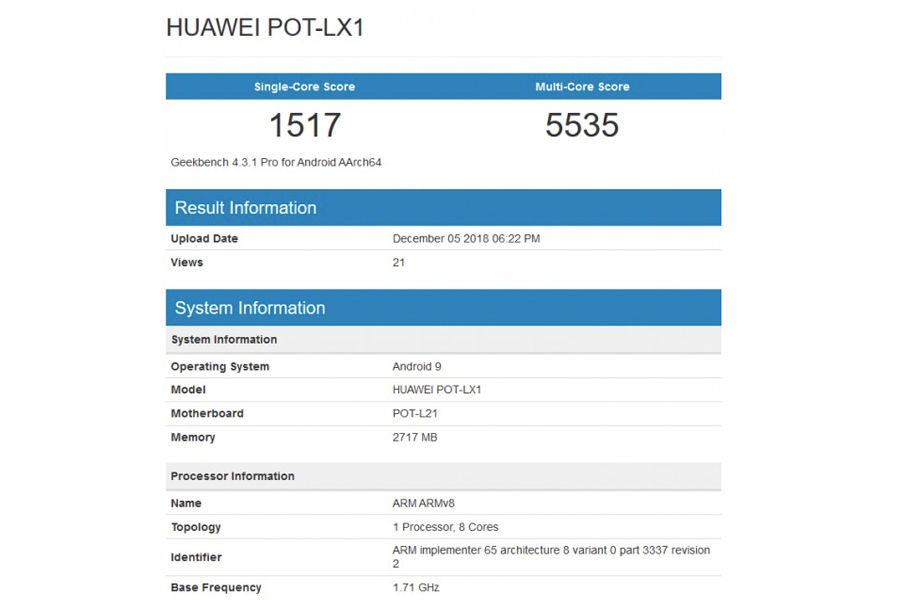 Huawei p smart 2019 listed on geekbench 3gb ram specifications in hindi