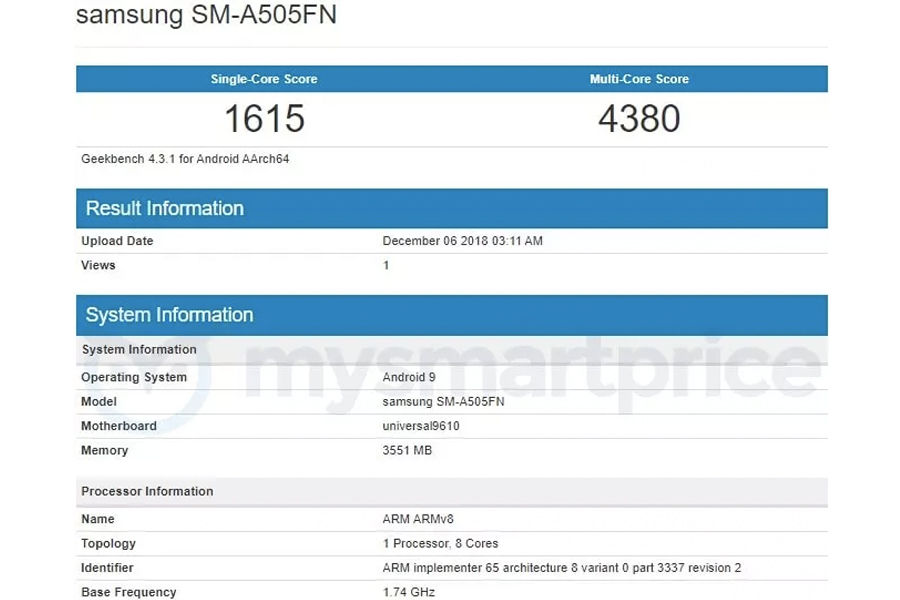 samsung galaxy a50 listed on geekbench with 4gb ram specifications in hindi