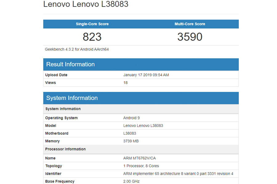 Lenovo L38083 listed on geekbench with 4gb ram might be K6 in hindi