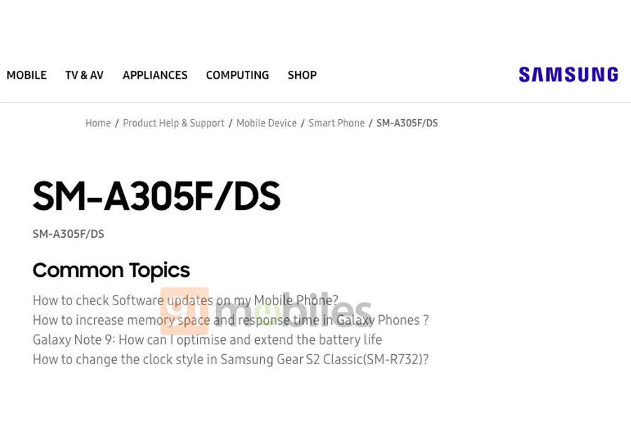 samsung galaxy a30 listed on company website india support page in hindi