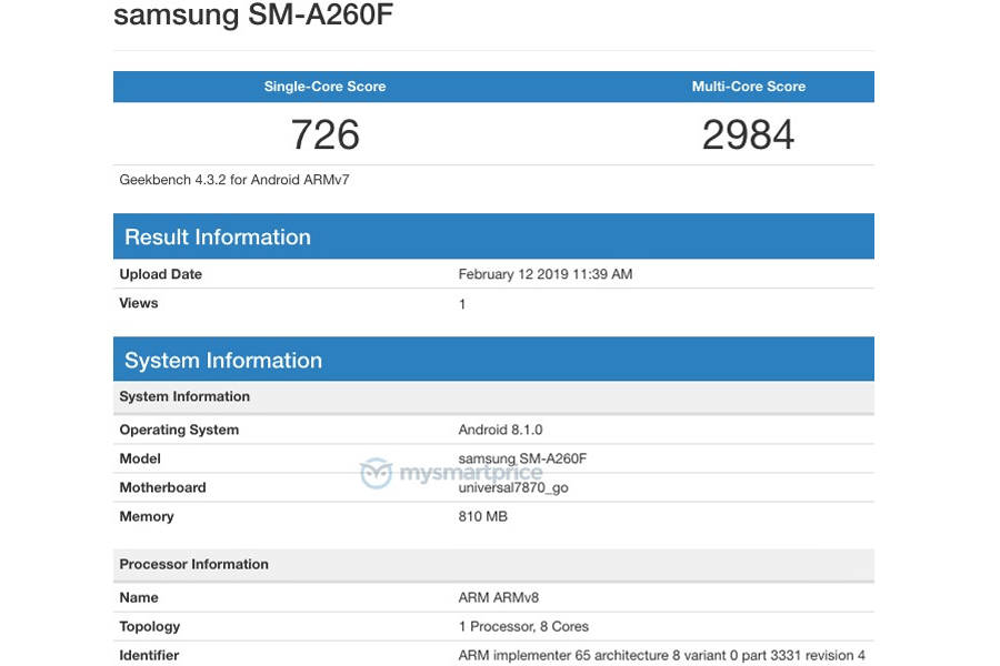 samsung SM-A260F listed on Geekbench with android go 1gb ram in hindi