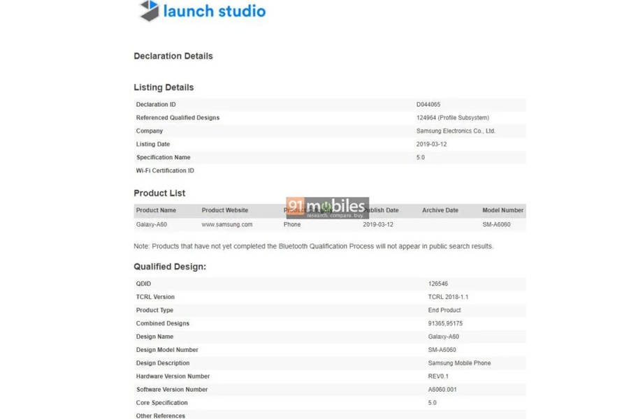 samsung-galaxy-a60-receives-bluetooth-certification specifications 8gb ram leaked