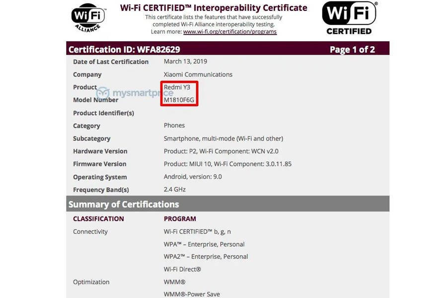 xiaomi redmi y3 listed on wifi alliance model number M1810F6G
