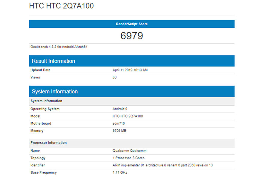HTC 2Q7A100 listed on geekbench 6gb ram Snapdragon 710 chipset