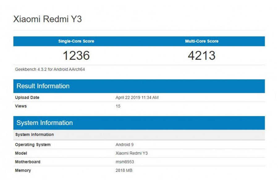 xiaomi redmi y3 listed on geekbench specifications