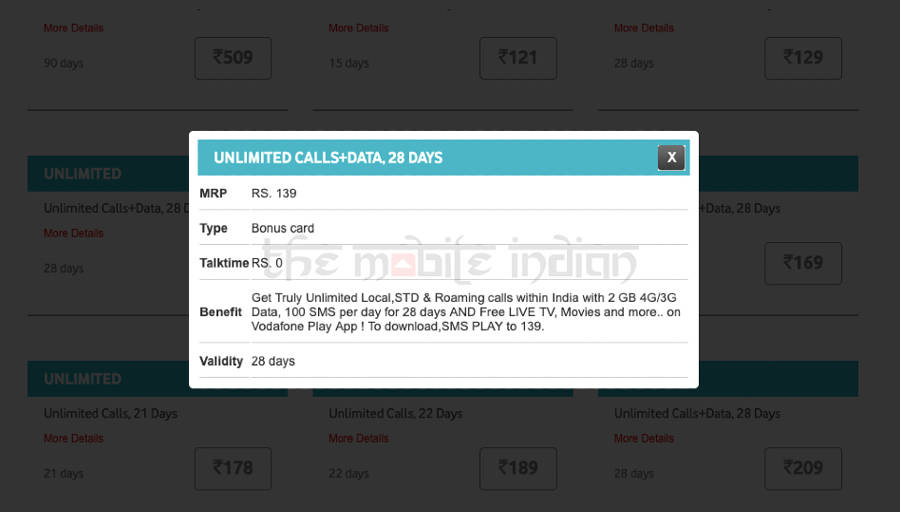 vodafone rs 139 prepaid plan 2gb data free benefit sonyliv