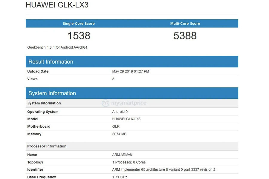 Huawei Nova 5i geekbench listing 4gb ram kirin 710 chipset