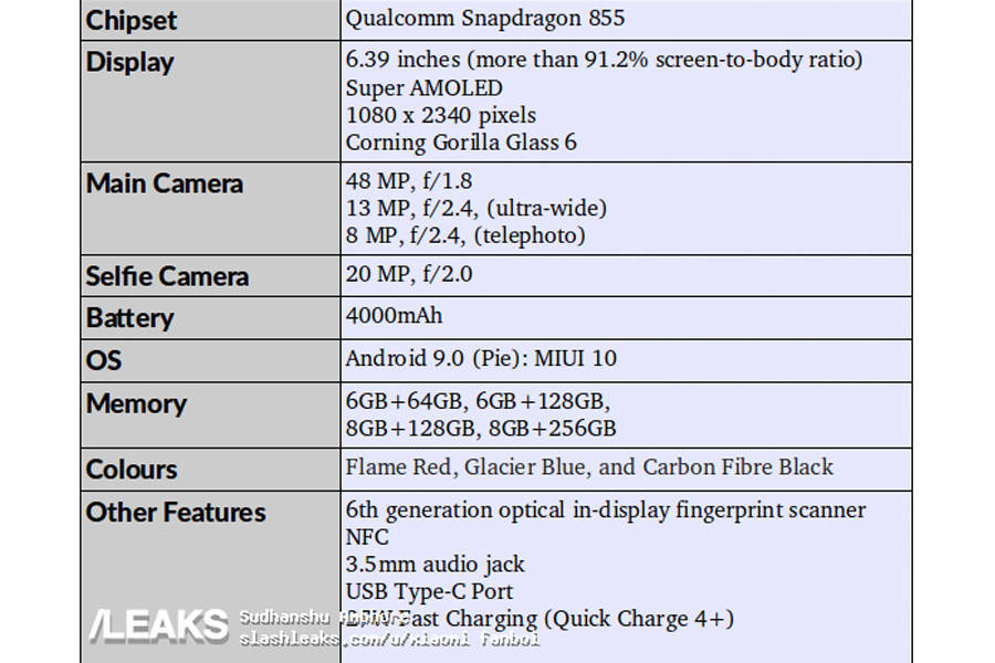 Xiaomi Redmi K20 Pro full specifications leaked slashleak price
