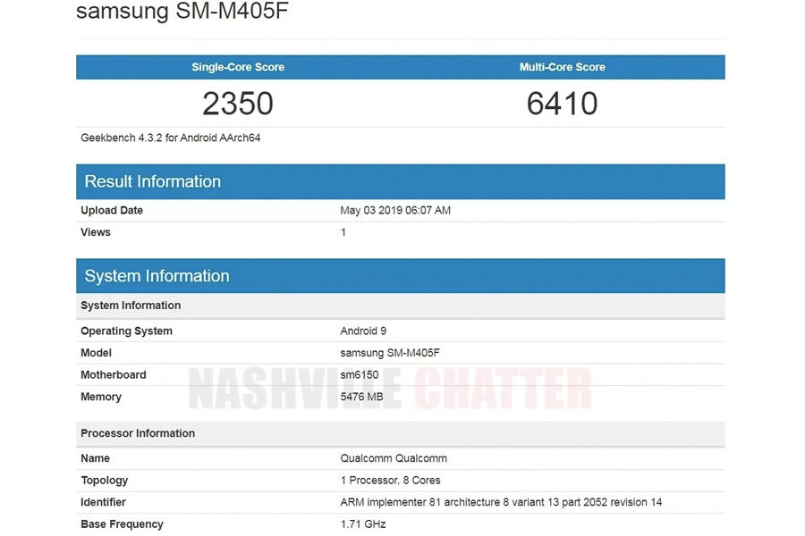 Samsung Galaxy M40 geekbench listing 6gb ram Snapdragon 6150 specifications