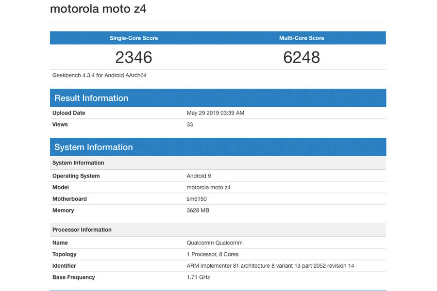 Motorola Moto Z4 geekbench listing specifications revealed