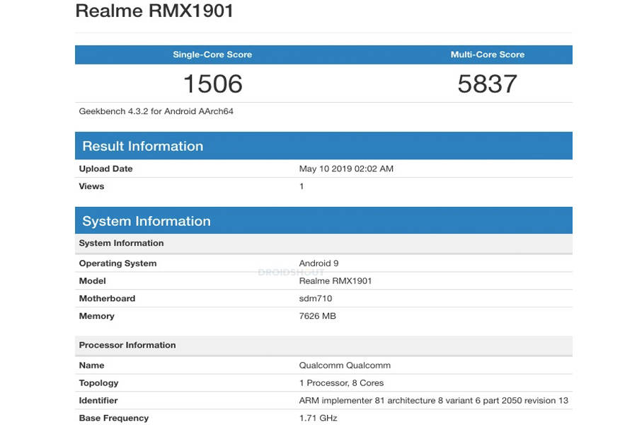Realme X RMX 1901 listed on geekbench snapdragon 710 specifications