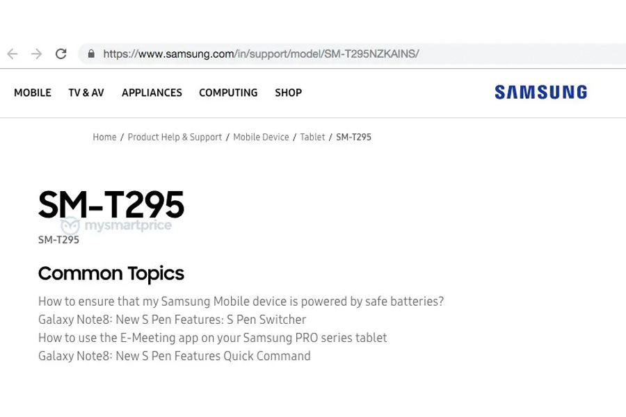 Samsung Galaxy Tab A (2019) SM-T295 product page live india website