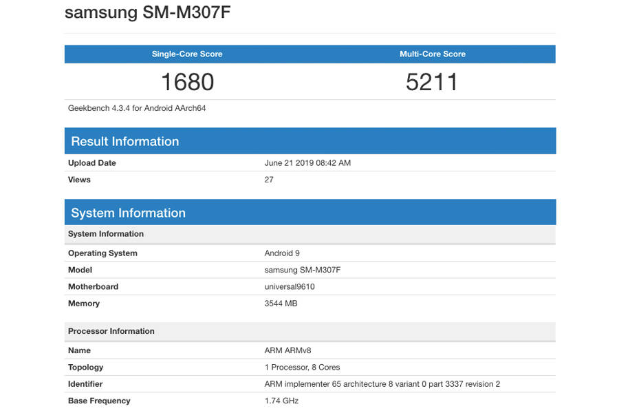 Samsung Galaxy M30s SM-M307F geekbench listing 4gb ram exynos 9610