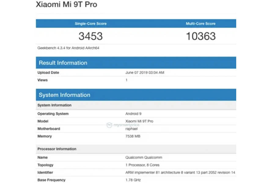 Xiaomi Mi 9T Pro listed on geekbench with 8gb ram