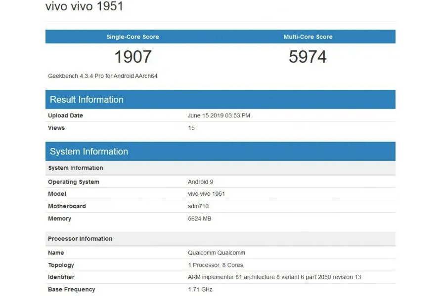 Vivo 1951 phone listed on geekbench snapdragon 710 chipset 6gb ram