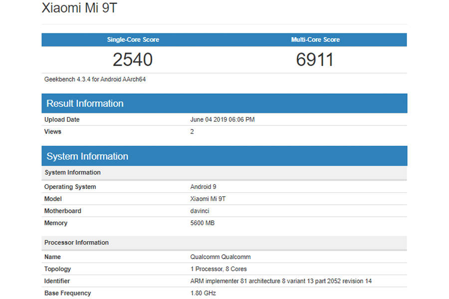 Xiaomi Mi 9T listed on geekbench as Da Vinci with 6gb ram specifications redmi k20