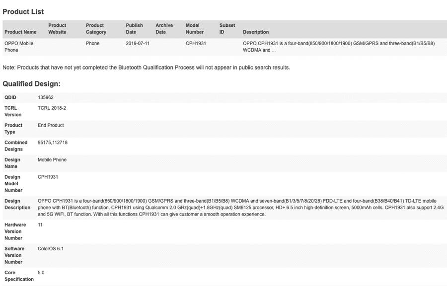 oppo-cph1931-bluetooth-sig-certification-specs-leaked