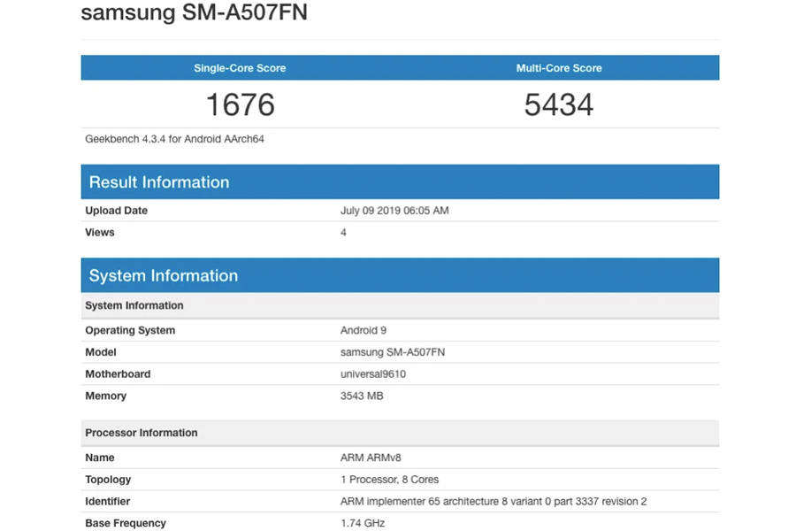 Samsung Galaxy A50s SM-A507FN Listed on geekbench exynos 9610