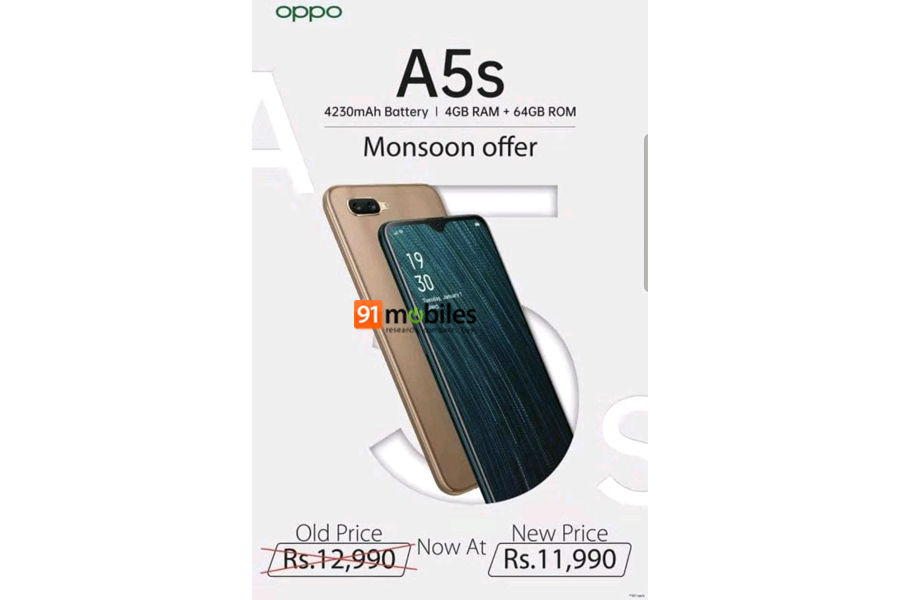oppo a5s 4gb ram 64gb storage variant price cut by rs 1000 india