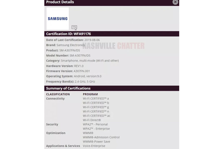 Samsung Galaxy A50s wifi alliance listing specs leaked