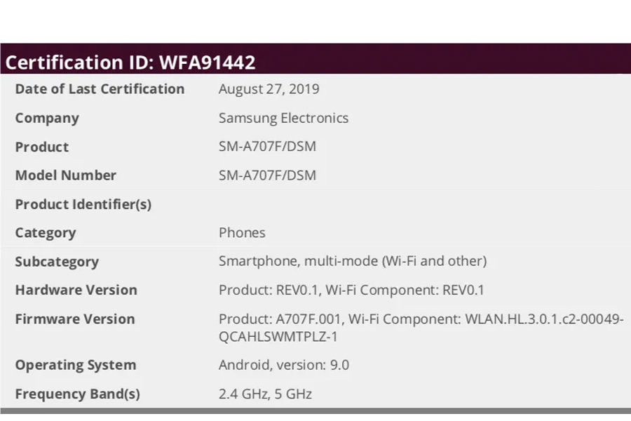 Samsung Galaxy A70s SM-A707F DSM Wi-Fi Alliance certifications