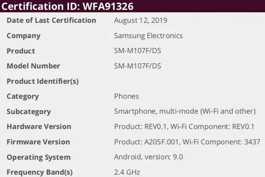 Samsung Galaxy M10s SM-M107F/DS 3gb ram Exynos 7885 SoC spcs leaked