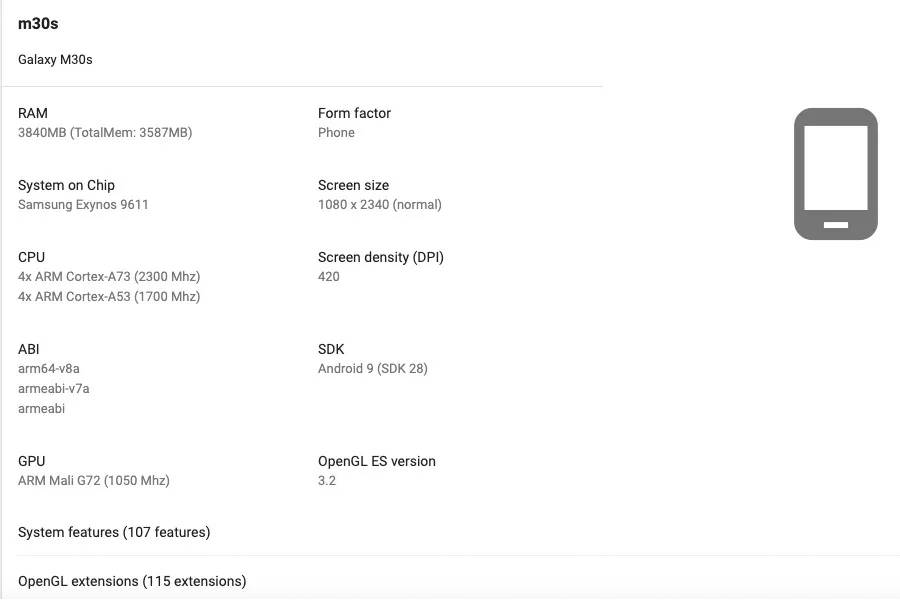 Samsung Galaxy M30s leaked with 4gb ram exynos 9611 specifications