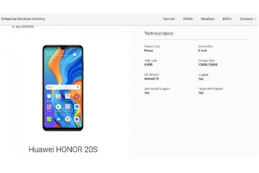 Huawei Honor 20S Google Play Console listing android 10 8gb ram