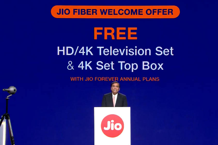 Reliance Industries agm high speed broadband Jio Fiber with free 4K LED TV Setup Box india offer