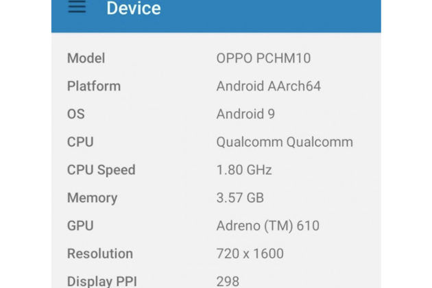 Oppo A9s listed on tenna PCHM10 PCHT10 quad rear camera 5000mah battery