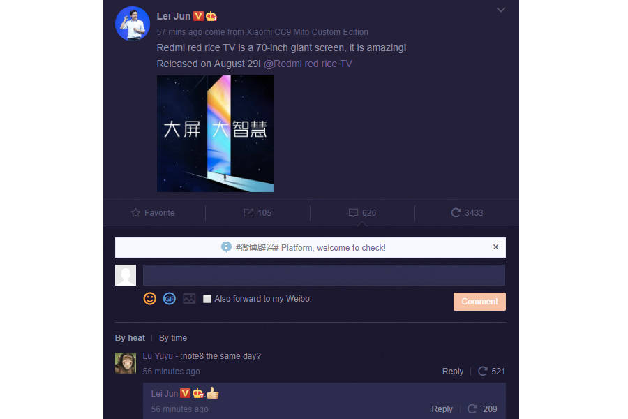Xiaomi Redmi Note 8 pro might launch on 28 august specs price Lu Weibing weibo