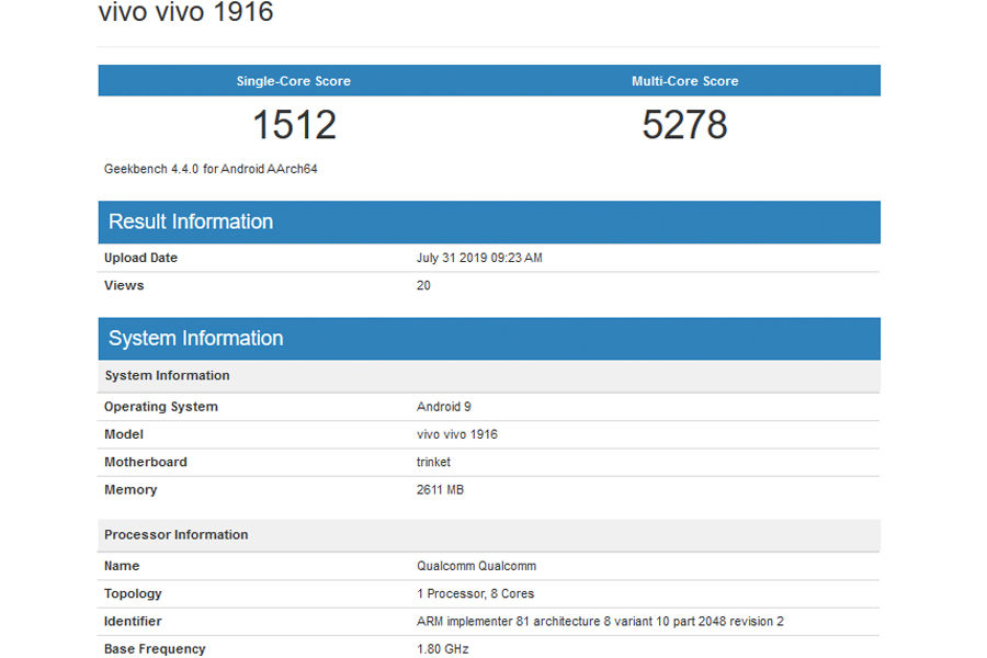 Vivo 1916 Vivo 1918 listed on geekbench specifications leaked