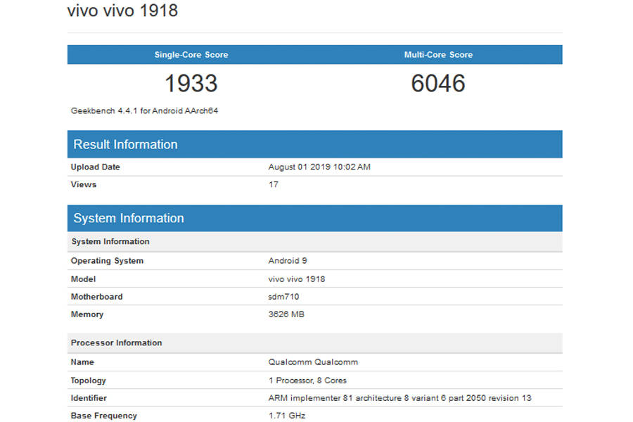 Vivo 1916 Vivo 1918 listed on geekbench specifications leaked