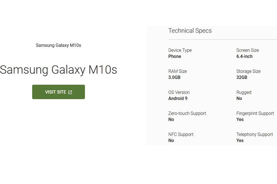 Samsung Galaxy M10s Android Enterprise listing 3gb ram 32gb storage