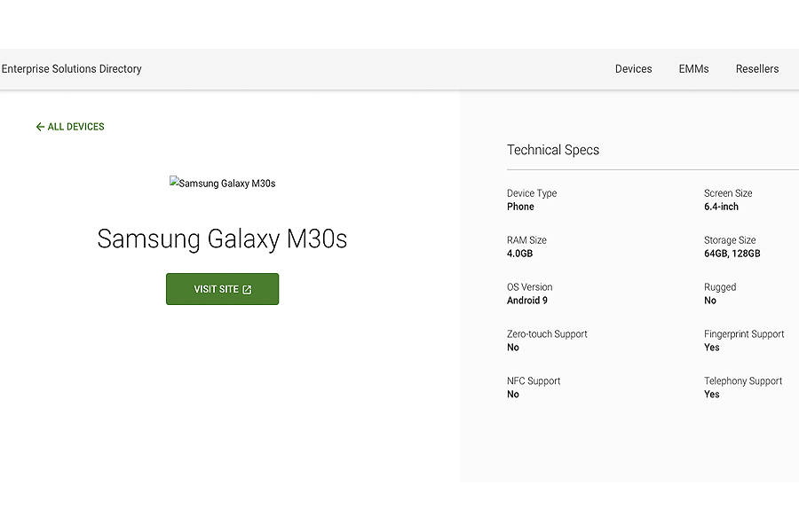 Samsung Galaxy M30s Google Android Enterprise listing specs revealed