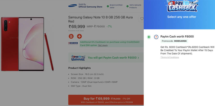 Samsung Galaxy Note 10 plus 6000 discount paytm cashback offer price sale india