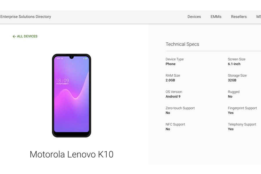 Lenovo K10 Google Android Enterprise website listing 2gb ram 32gb storage specifications leaked
