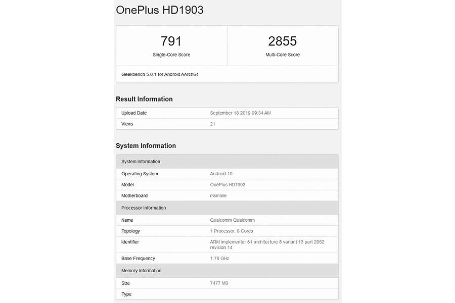 OnePlus 7T 8gb ram android 10 geekbench listing OnePlus HD1903 26 september india launch