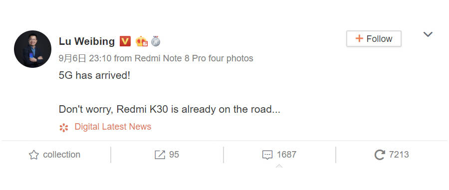 xiaomi lu weibing redmi k30 is on the road with 5g support