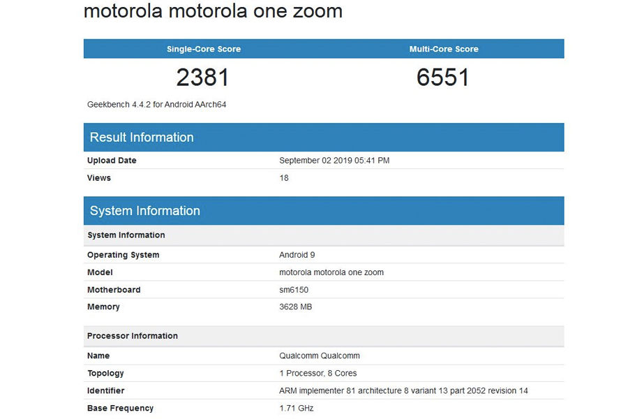 Motorola One Zoom geekbench listing 4gb ram snapdragon 675 specifications revealed