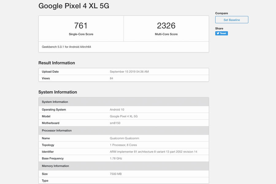 Google Pixel 4 XL 5g geekbench listing with 8gb ram snapdragon 855