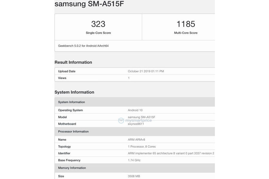 Samsung Galaxy A51 listed on geekbench SM-A515F 4gb ram android 10 os