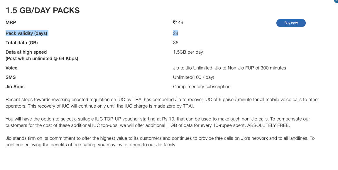 Reliance Jio 149 plan revised ALL-IN-ONE PLAN 24 days validity iuc minutes