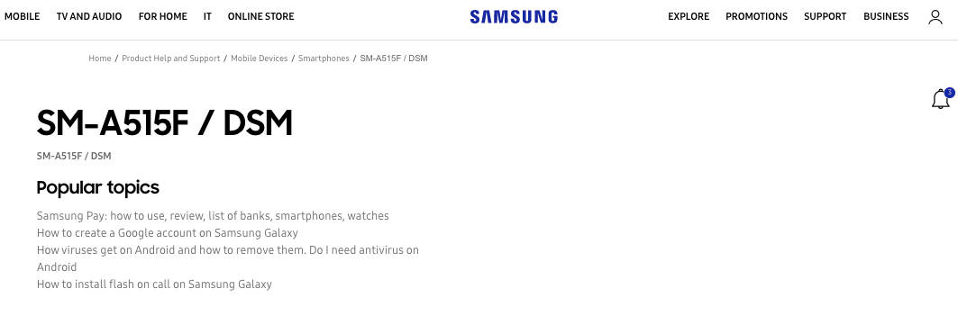 Samsung Galaxy A51 support page live SM-A515F DSM launch soon